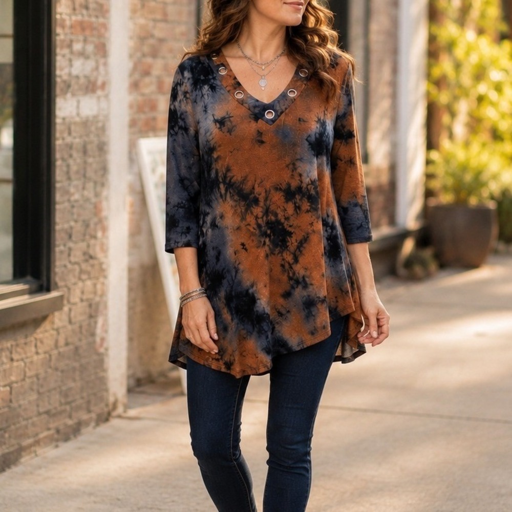 Coin‎ 1804 Womens Tie Dye Grommet V-Neck Tunic Top Mini Dress Rust Navy Large